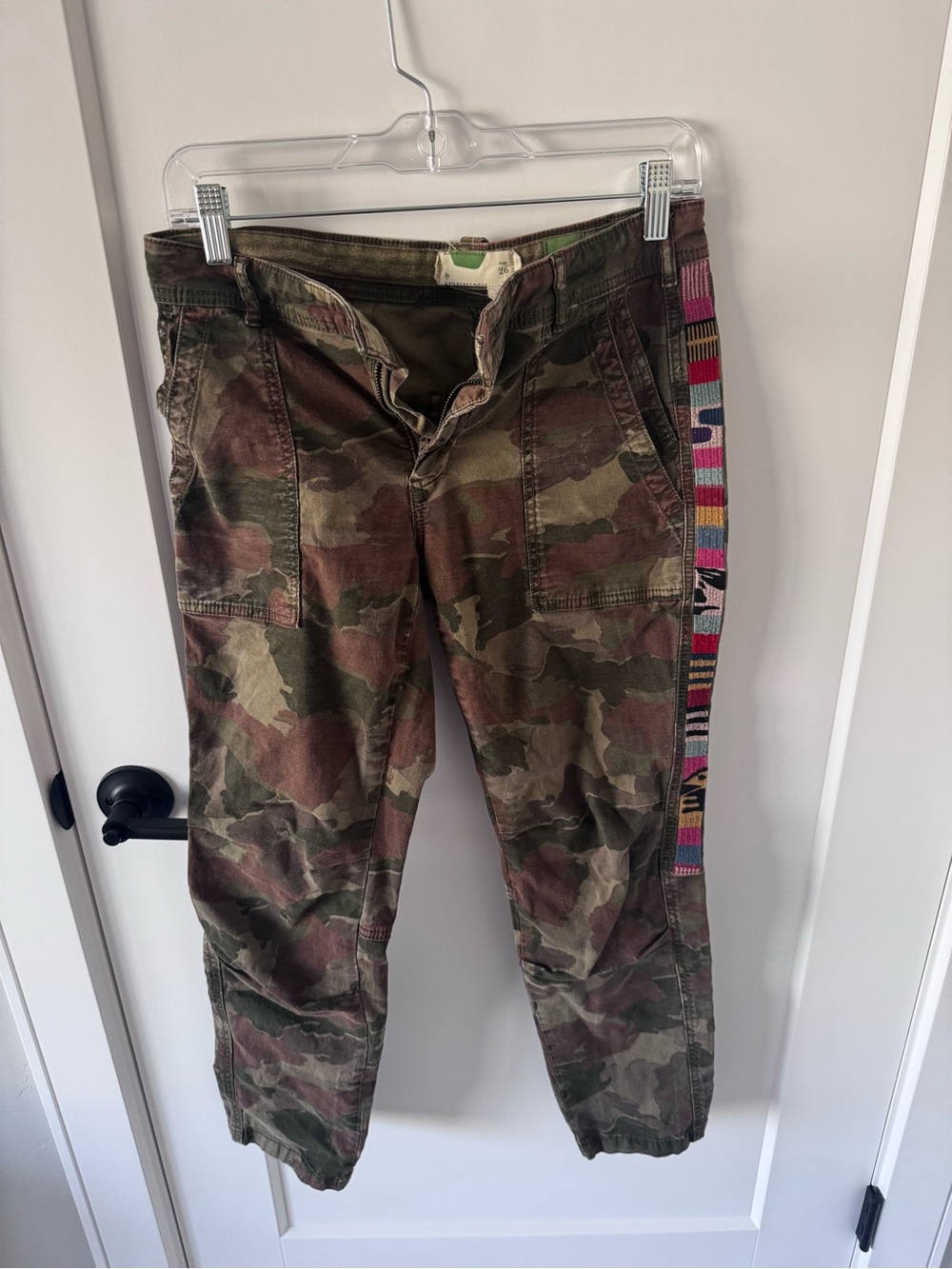 Anthropologie Camouflage Cargo Pants with Multicolor Side Trim